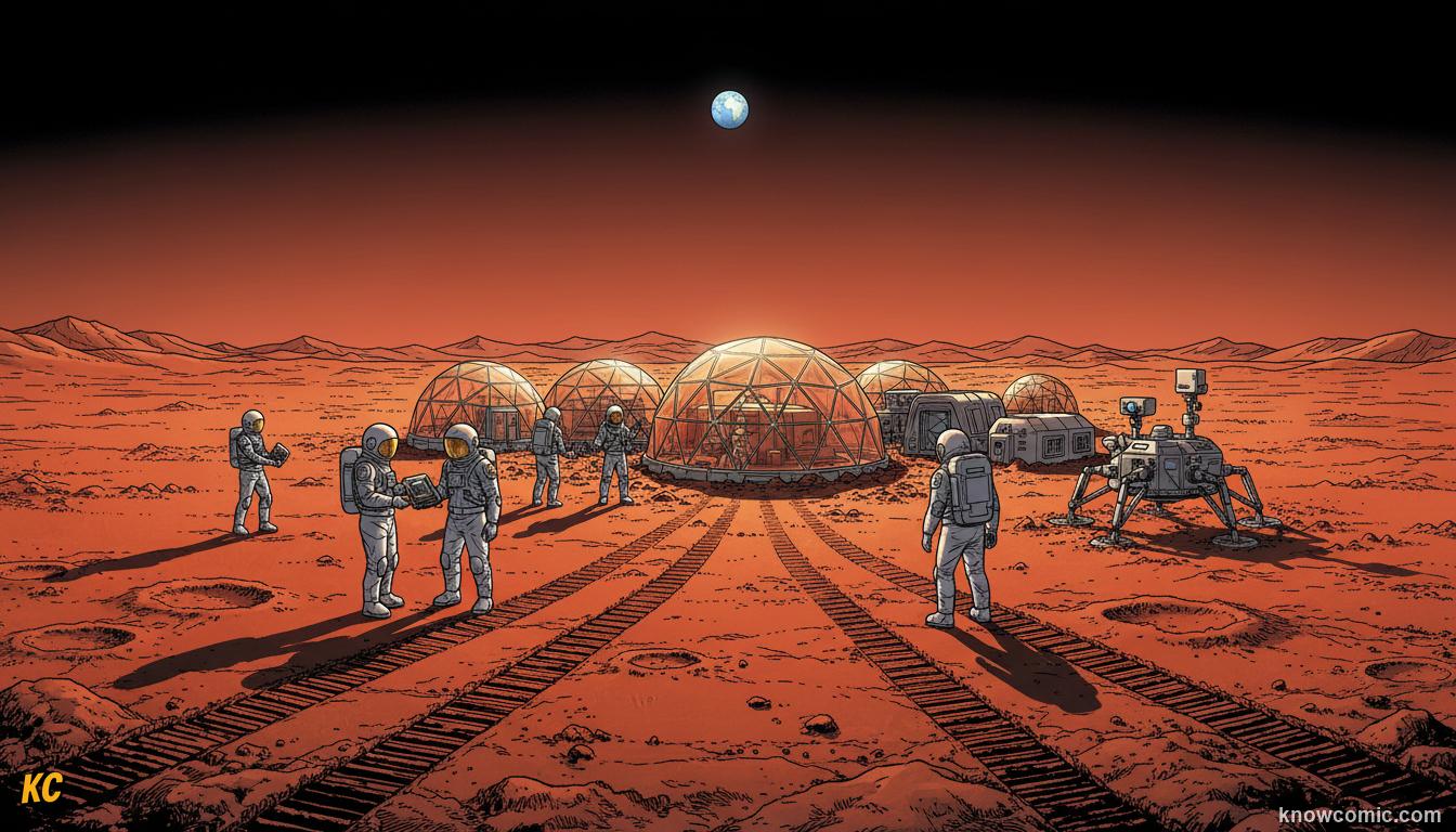 A Mars rover exploring the red dusty Martian surface looking for signs of ancient life