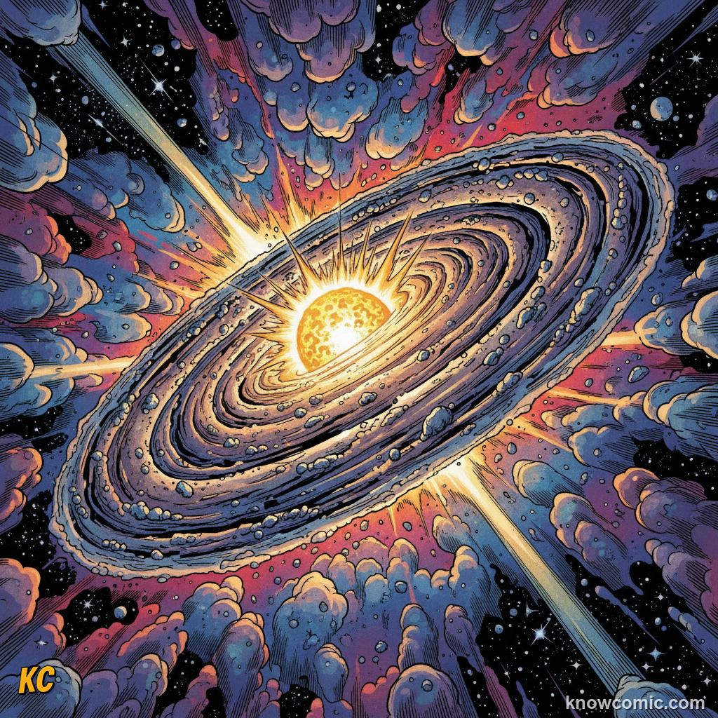 The protoplanetary disk of gas and dust still spinning around the newborn young Sun