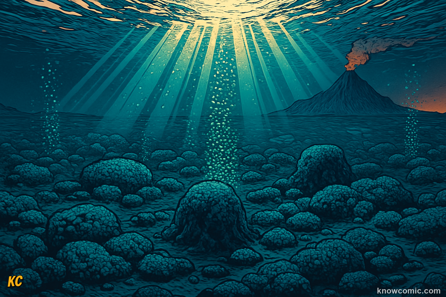 Ancient Earth covered in ocean with tiny blue-green algae beneath the waves