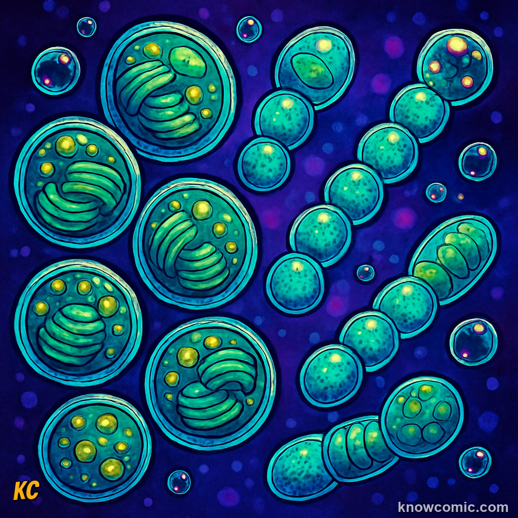 Microscopic view of photosynthetic cyanobacteria cells under a microscope