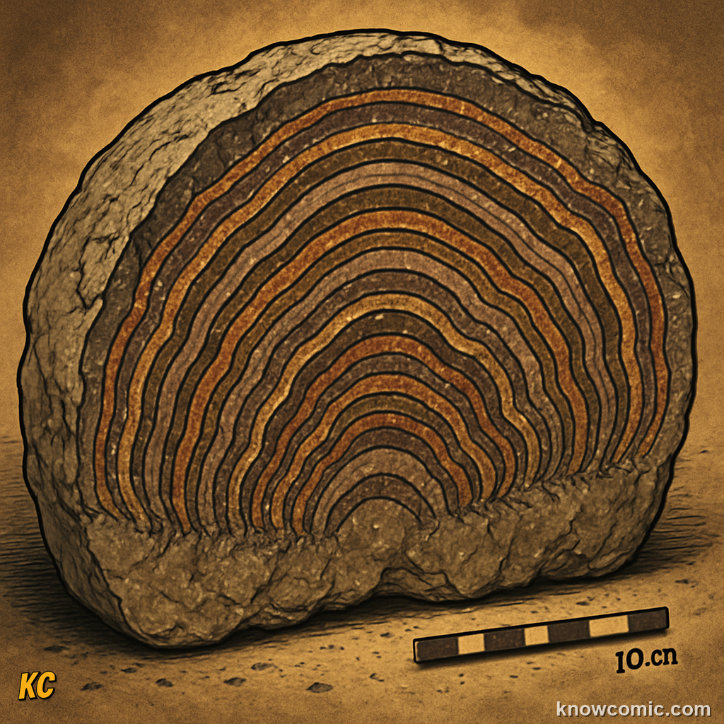 Cross-section of a fossil stromatolite showing layered structure built by ancient cyanobacteria