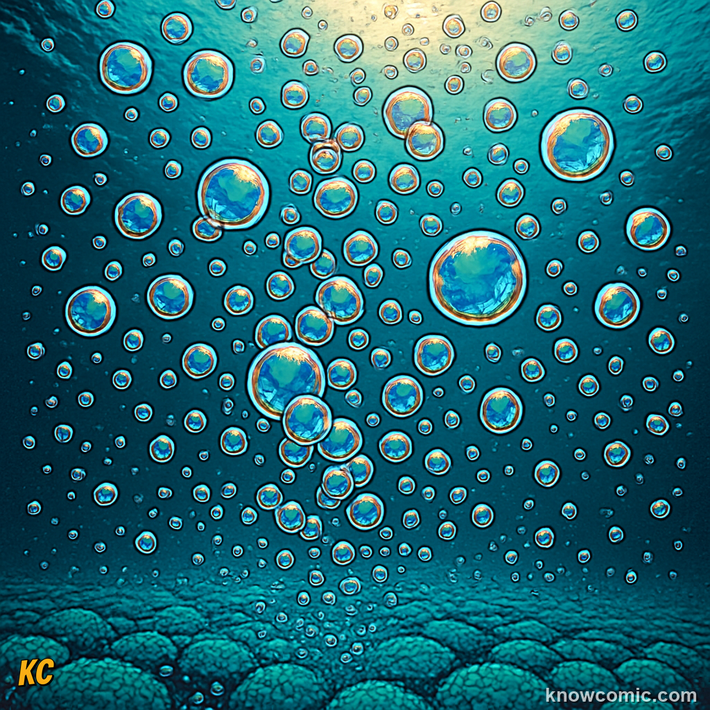 Timeline showing oxygen bubbles rising from ancient ocean to atmosphere over billions of years