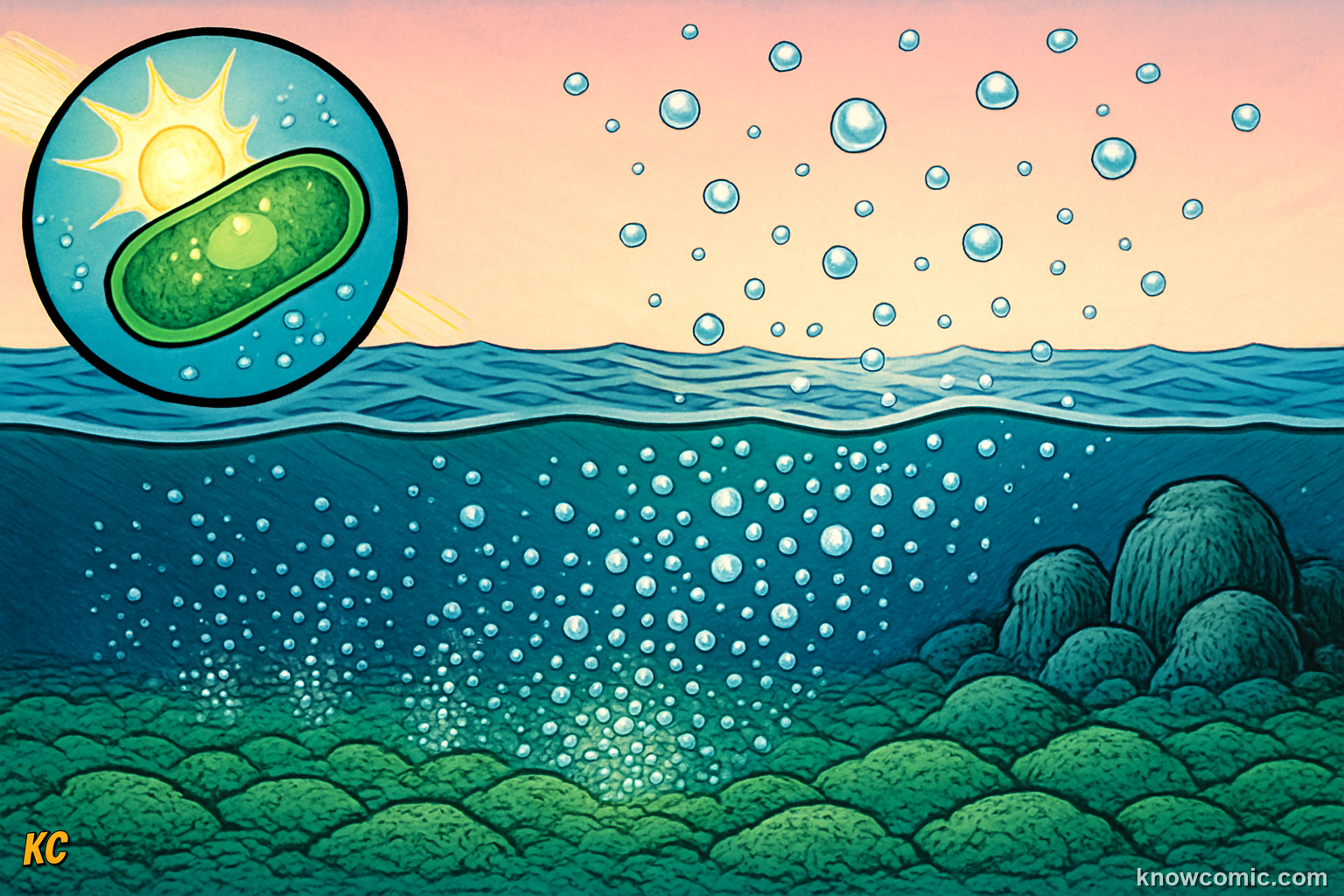 Cyanobacteria releasing oxygen bubbles into ancient ocean as they photosynthesize