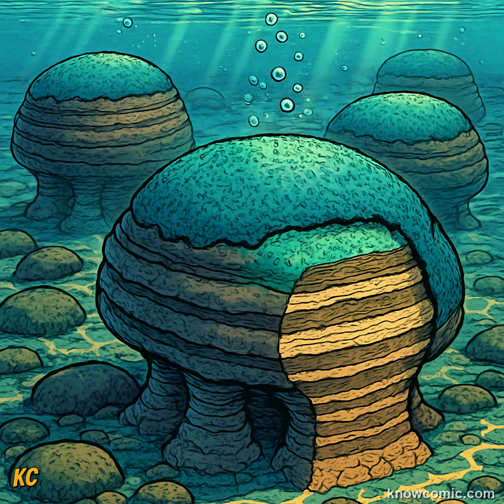 Layered stromatolite rock formations built by cyanobacteria over millions of years