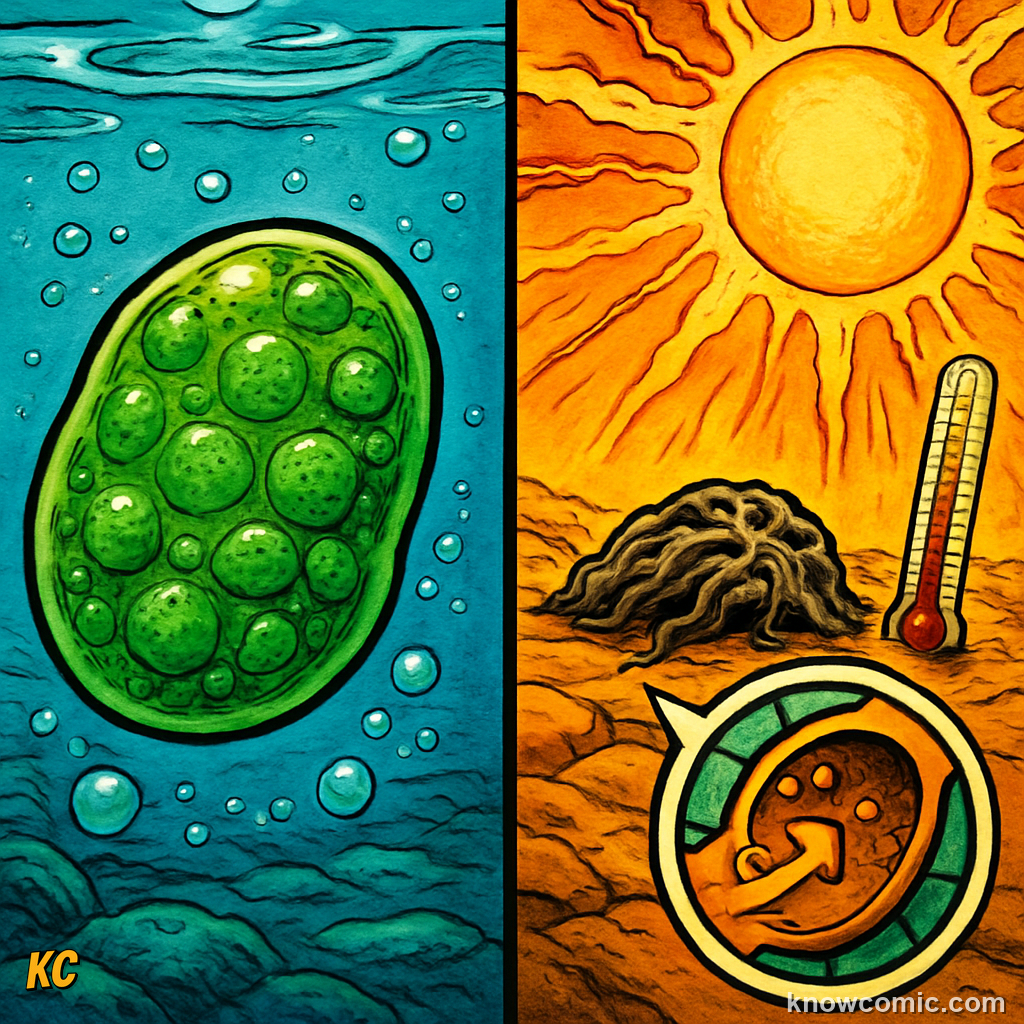 Algae cells drying out and dying when exposed to harsh UV radiation on land