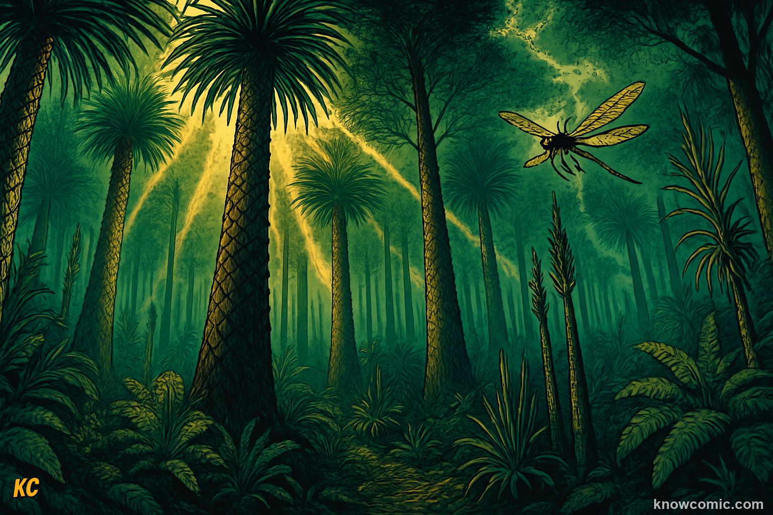 First Devonian forests with giant lycopsid trees and club mosses covering the land