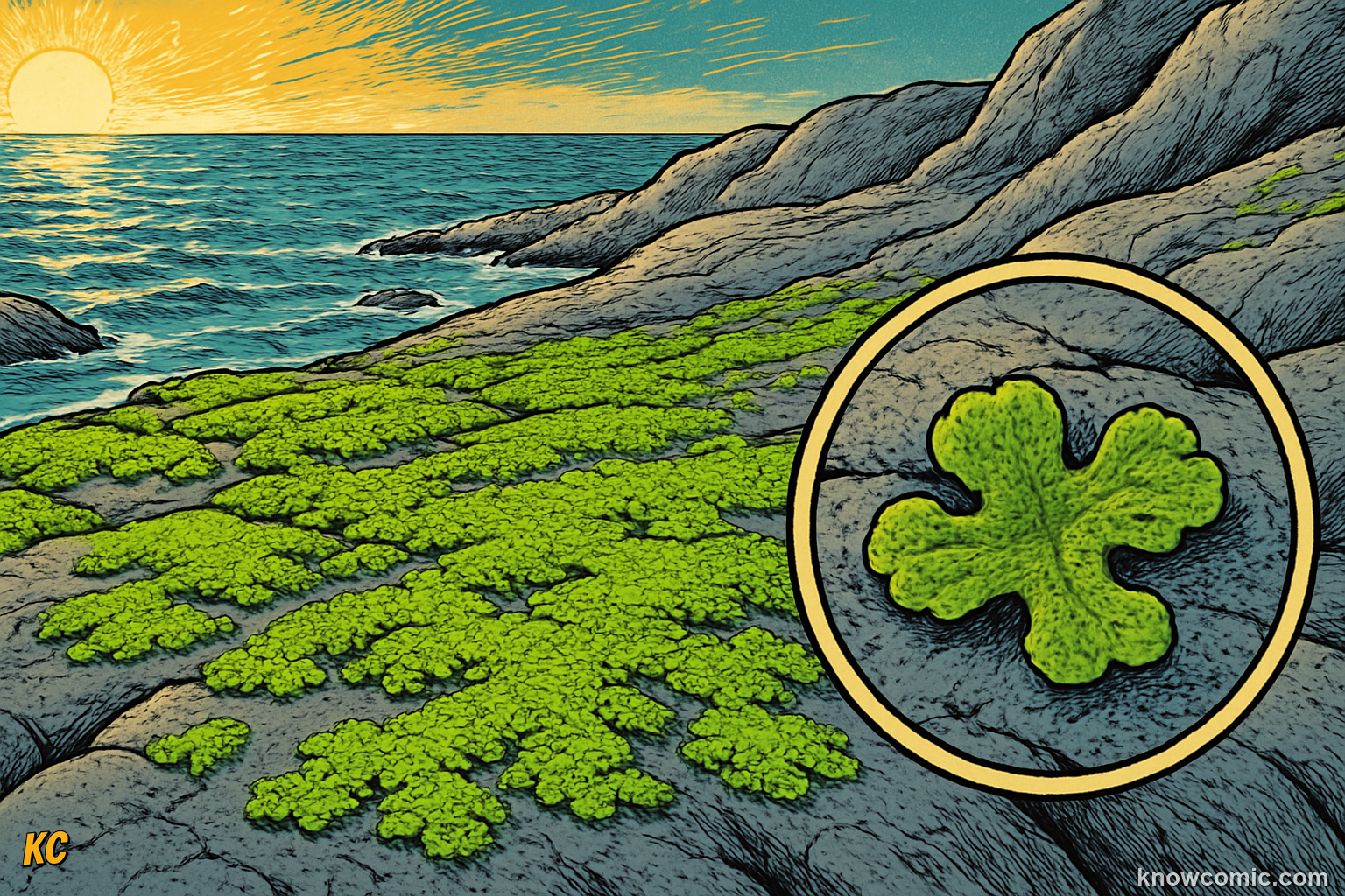 First tiny flat land plants resembling mosses hugging the ground near water sources
