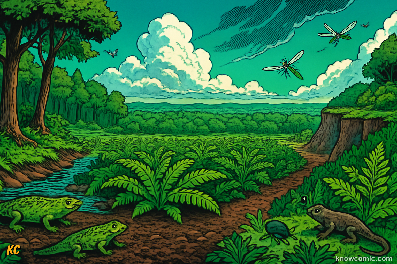 Green planet transformed by land plants with forests covering the formerly barren continents