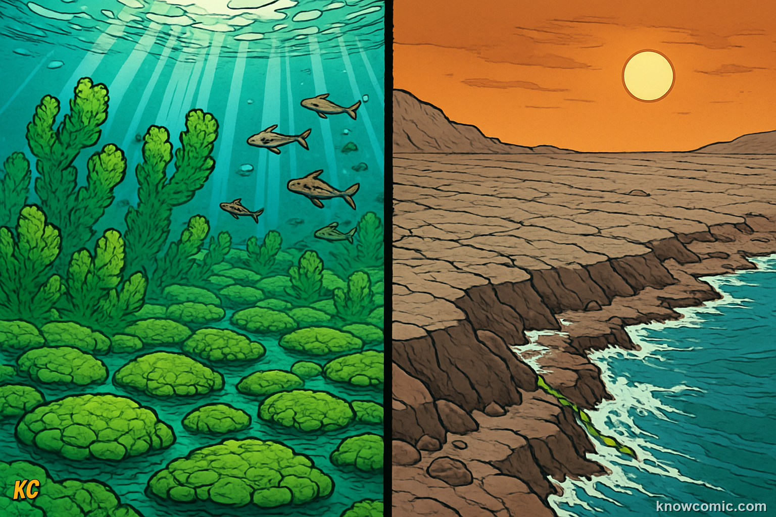 Ancient Earth with green algae in oceans and completely bare barren rock on land