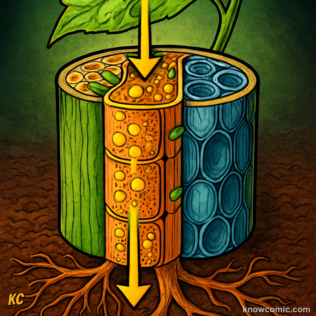 Phloem tubes transporting sugars downward from leaves to roots through plant tissue