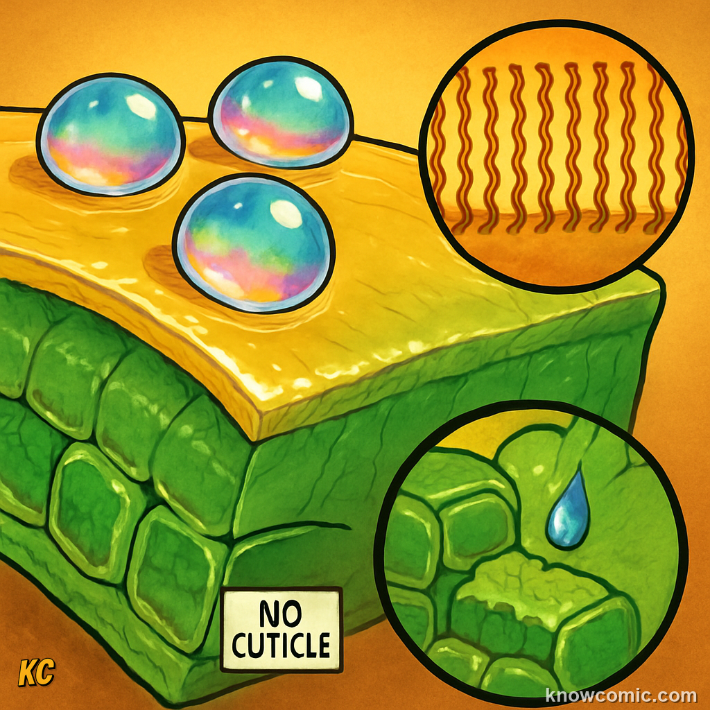 Waxy cuticle coating on early plant leaves stopping water loss in sunlight