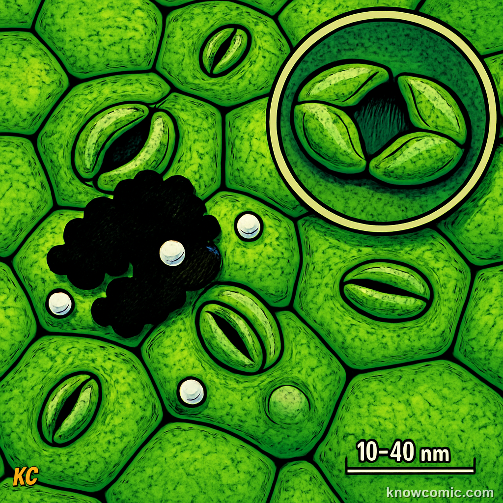 Microscopic stomata pores opening and closing on leaf surface to let in carbon dioxide