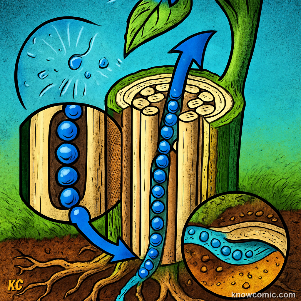 Xylem tubes carrying water upward from roots to leaves inside a plant stem