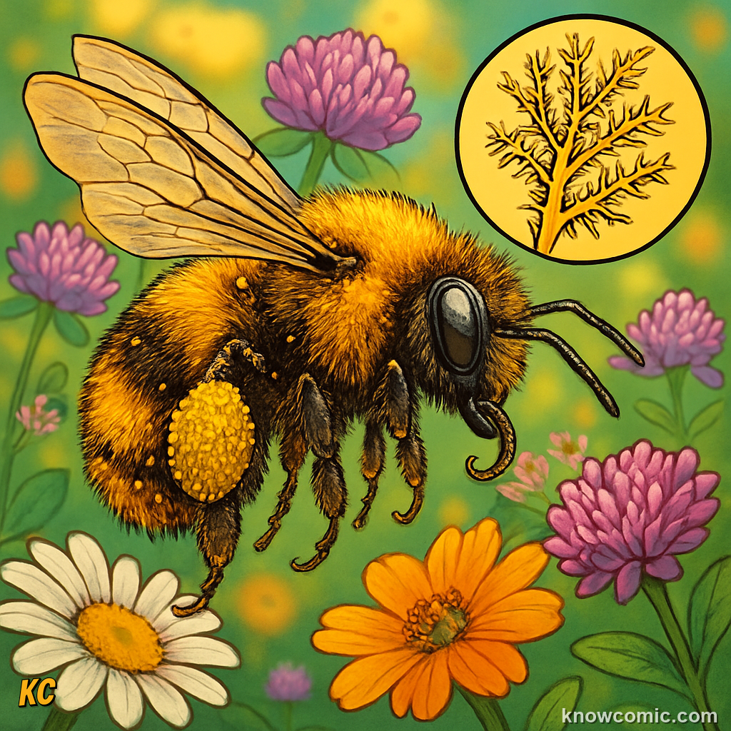 Bees collecting pollen from flowering plants showing their 100 million year co-evolution partnership