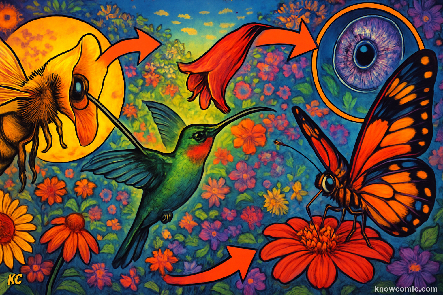 Co-evolution explosion showing flowers and insects evolving together in a spectacular feedback loop