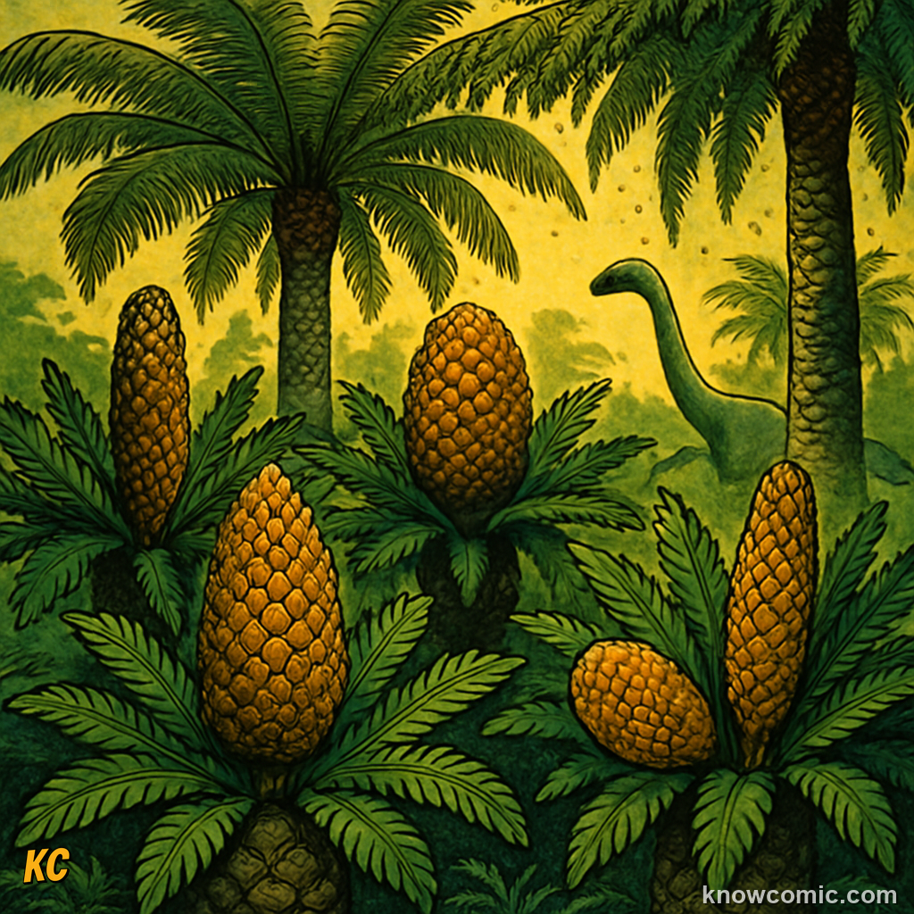 Cycad palms and tree ferns dominating the landscape where dinosaurs fed