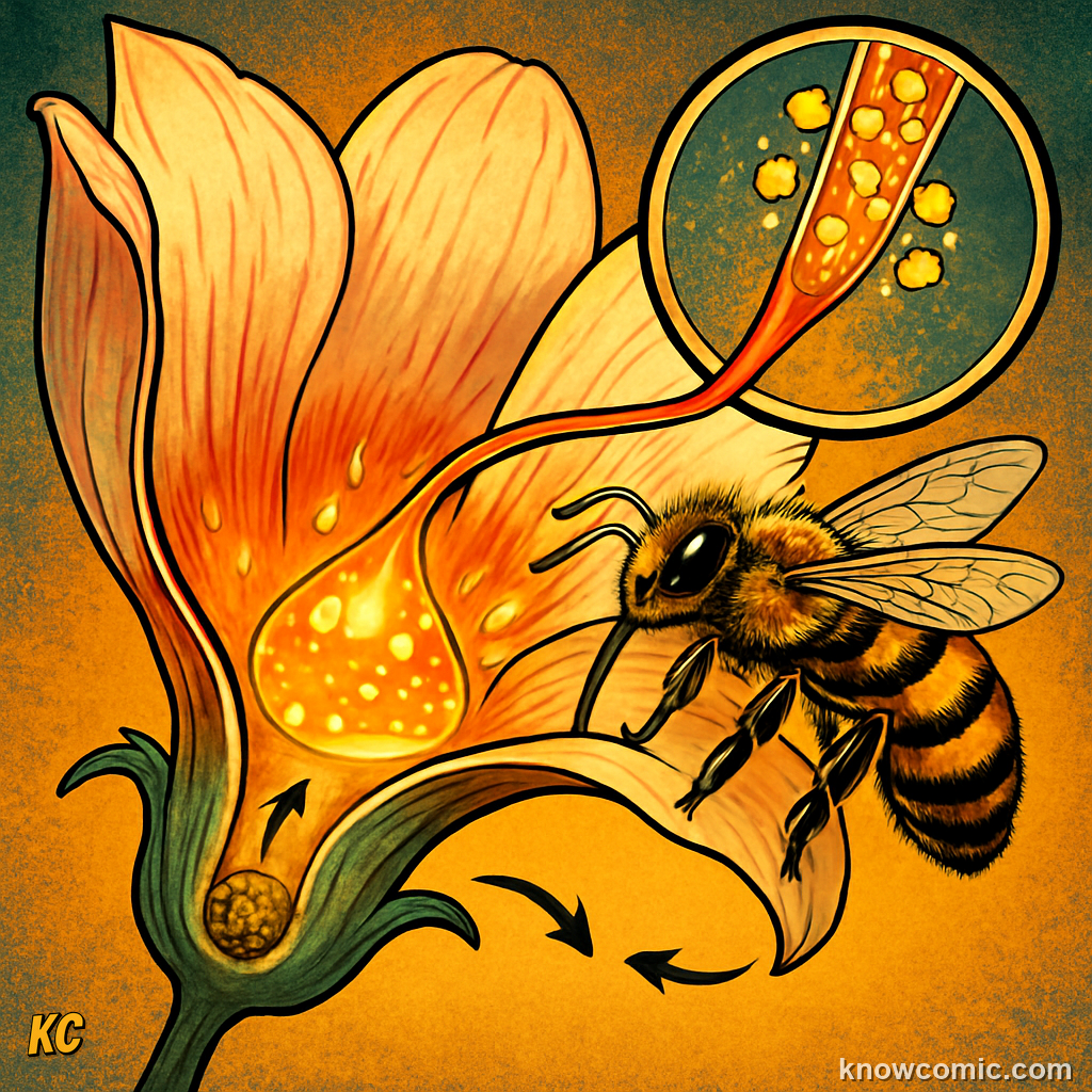 Honeybee collecting sweet nectar from a flower as the plant's payment for pollination