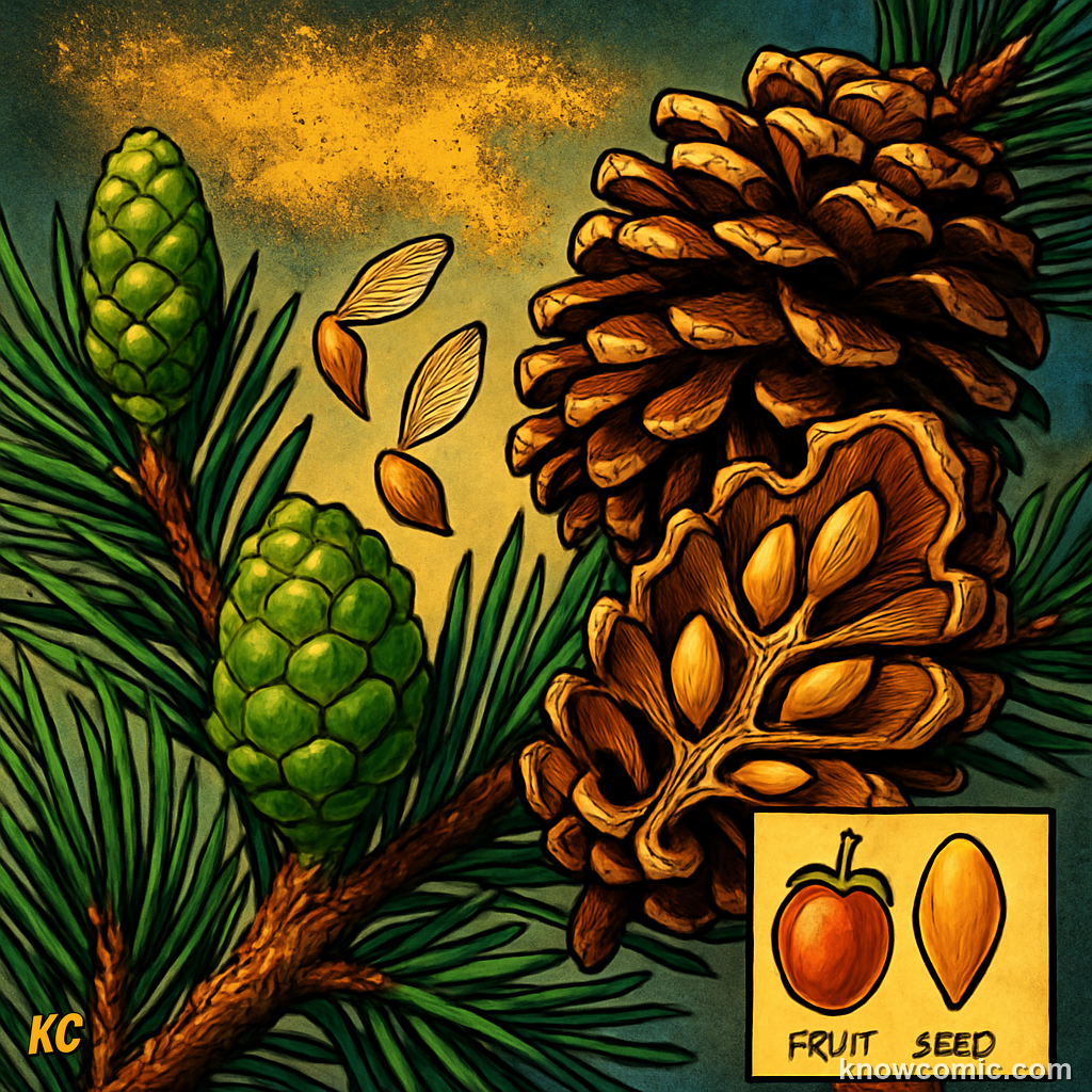 Conifer trees producing woody cones with naked seeds for wind pollination