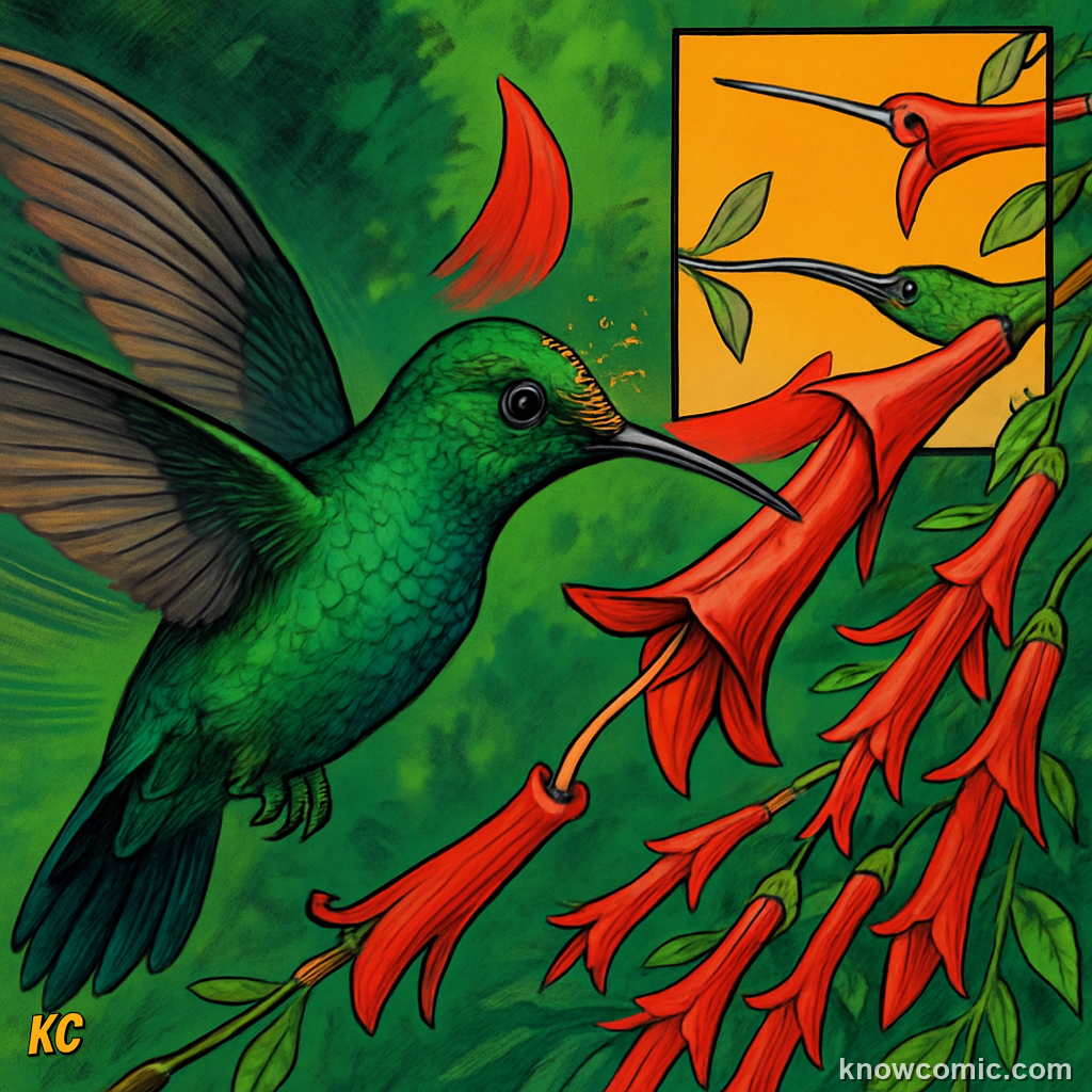 Hummingbird with long curved beak feeding from tubular red flower perfectly matched to it