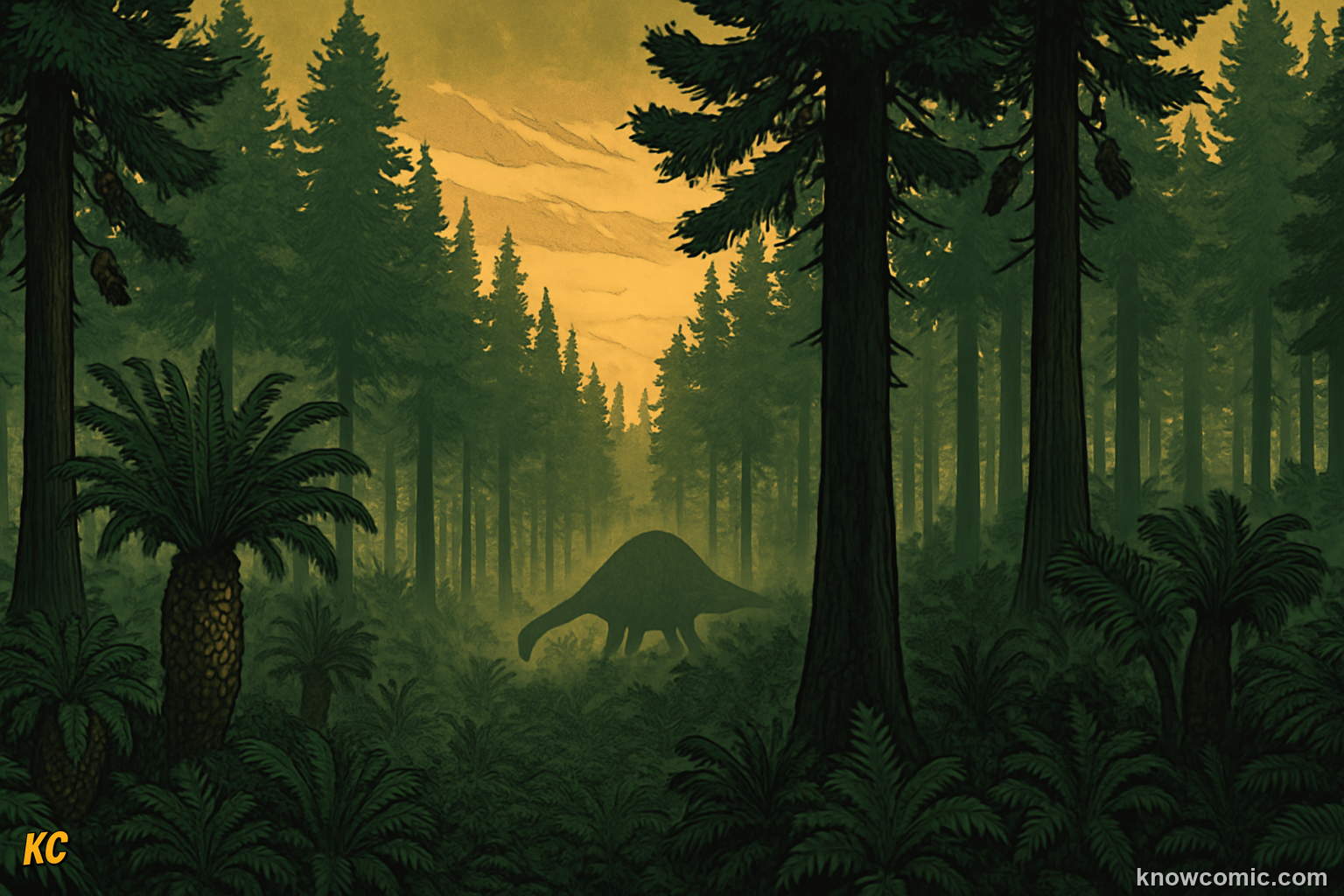 Dark prehistoric forest of ferns conifers and cycads before any flowers existed on Earth