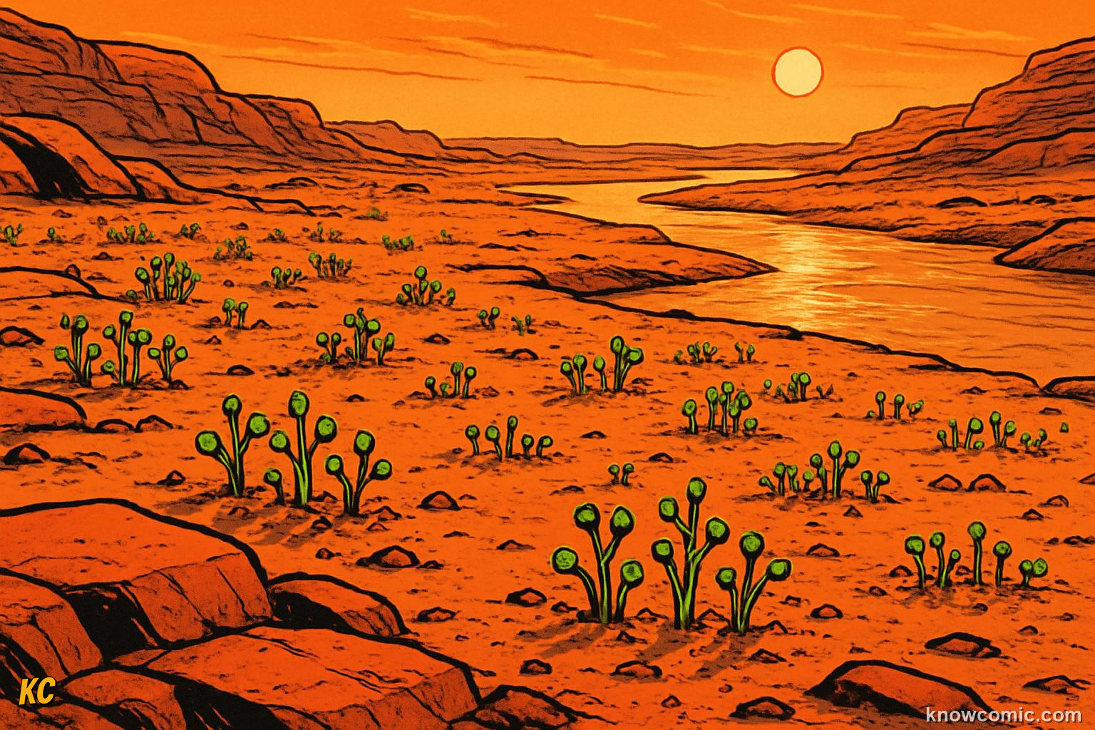 Barren red rock Devonian landscape with no trees and tiny leafless plants barely one metre tall