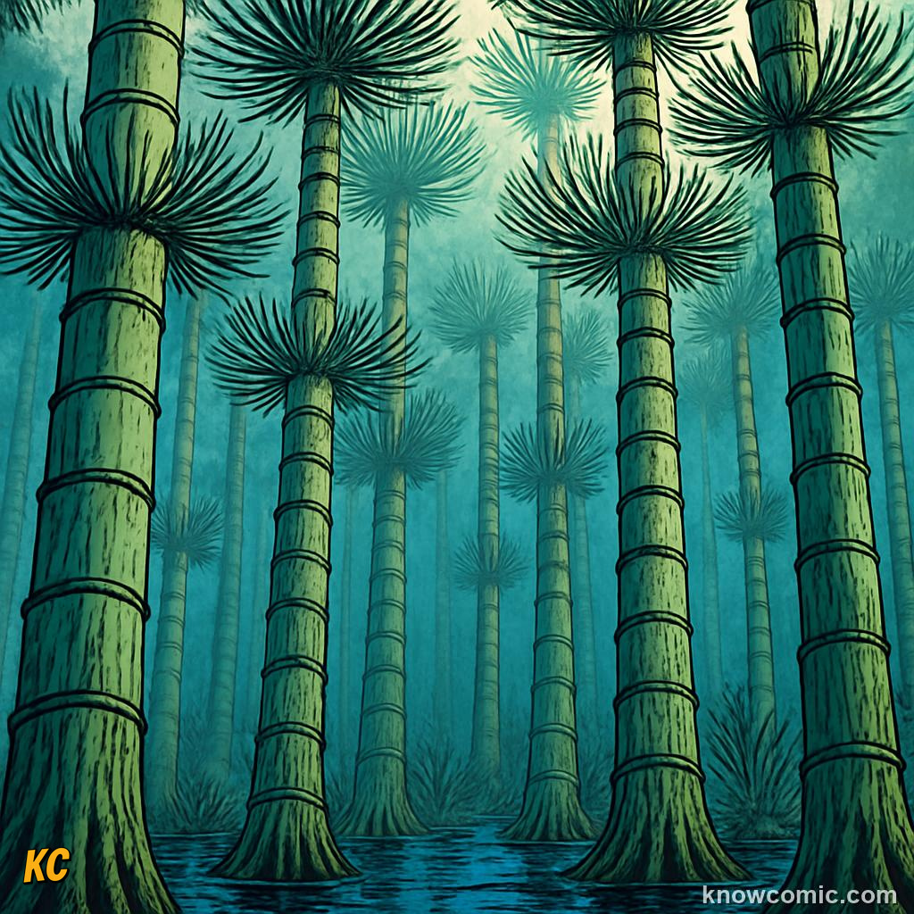Giant horsetail calamites trees towering twenty metres tall in Carboniferous swampy shores