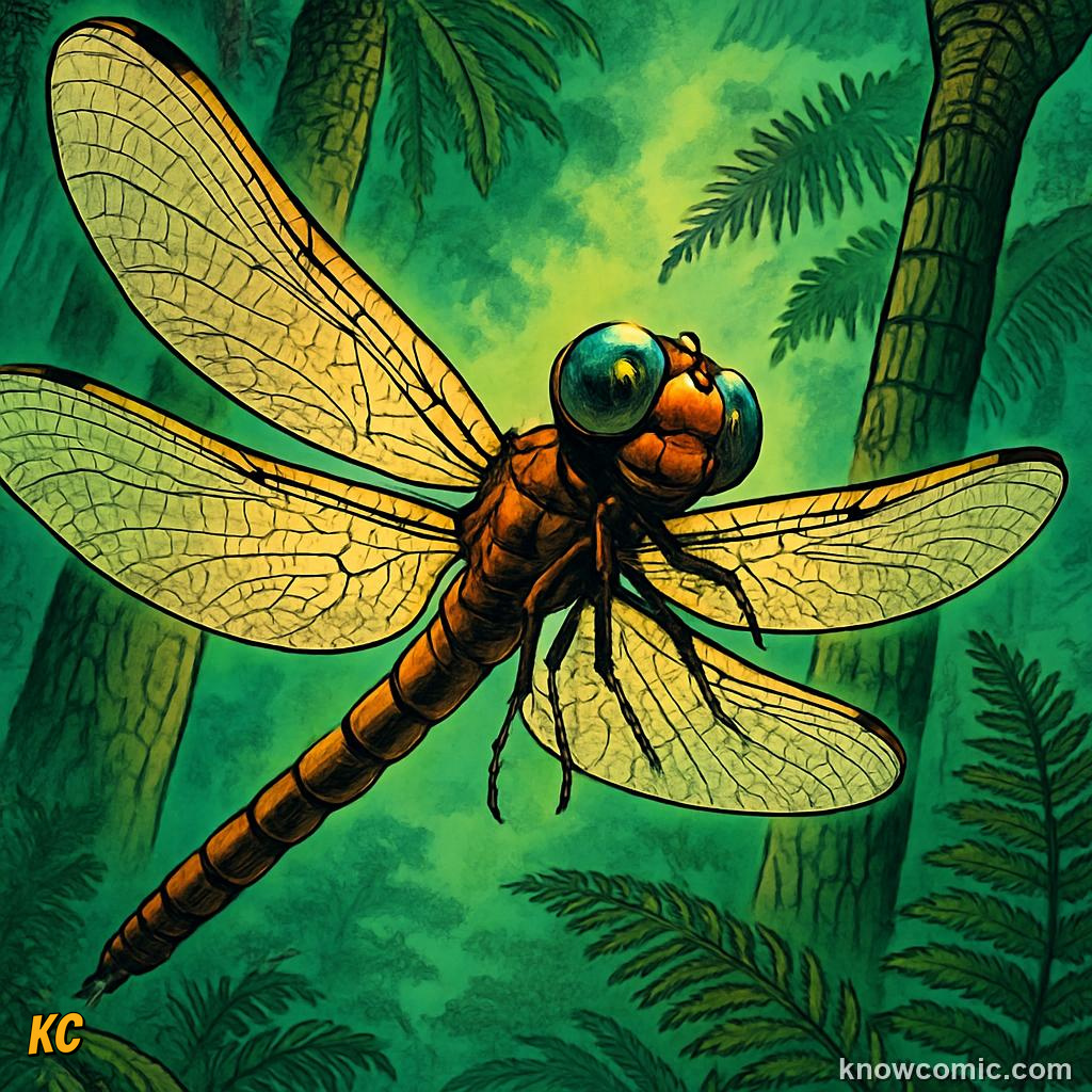 Meganeura giant dragonfly with seventy centimetre wingspan hunting through Carboniferous canopy