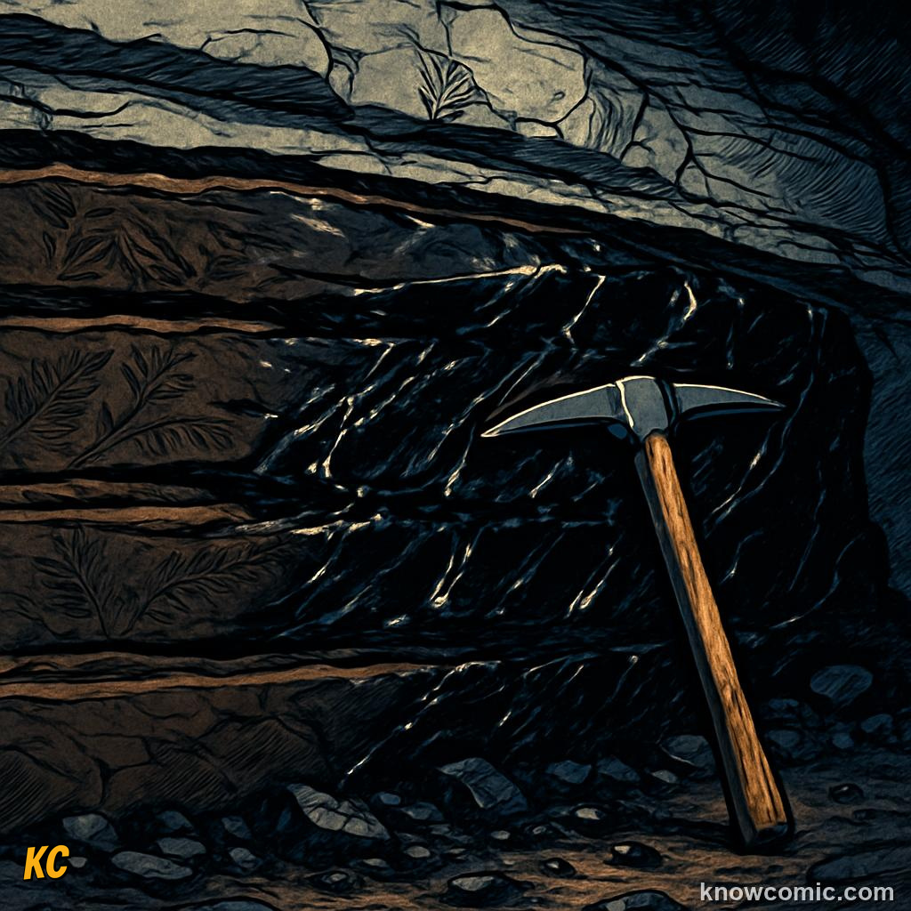 Black coal seam exposed in a mine showing compressed ancient Carboniferous forest remains