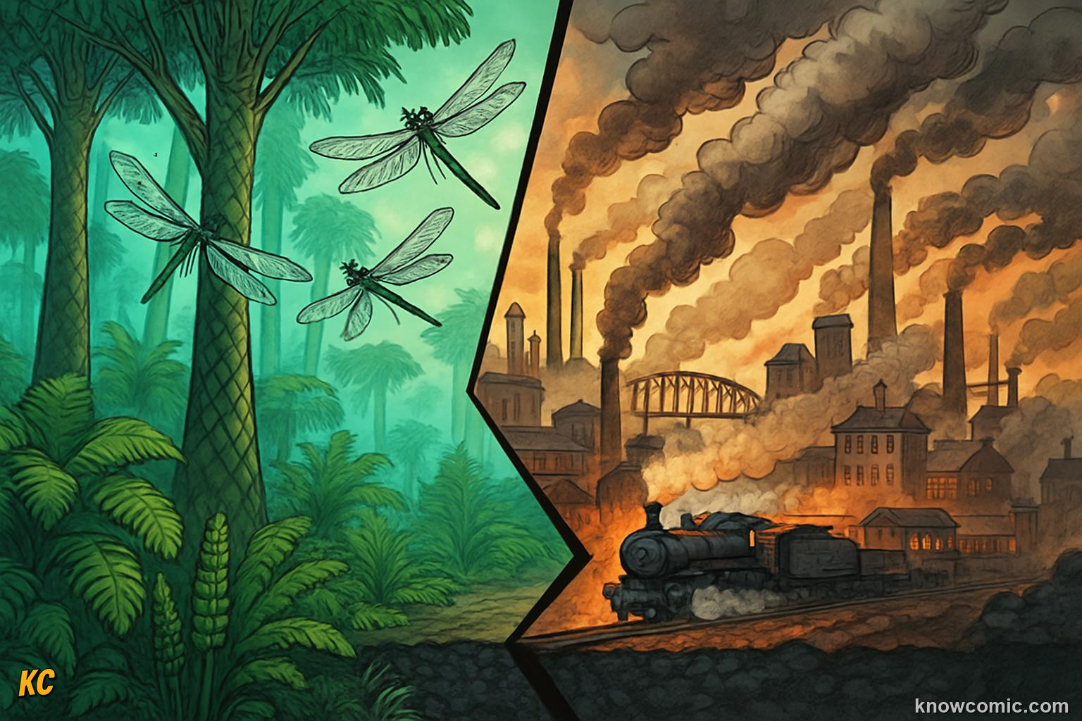 Power station burning coal releasing energy from sunlight trapped by prehistoric plant forests