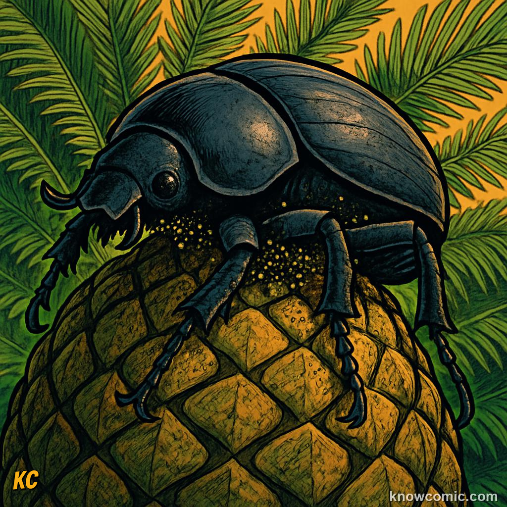 Beetle visiting a cycad cone for protein and accidentally moving pollen between plants