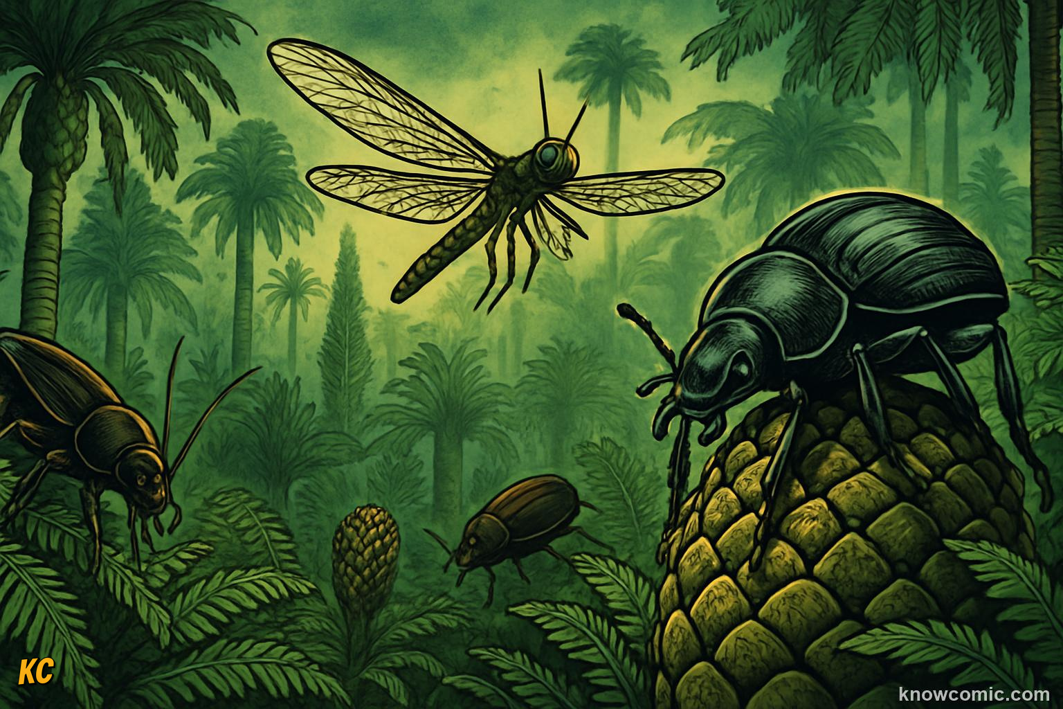 Ancient insects like beetles and dragonflies crawling over ferns and cycads before flowers existed