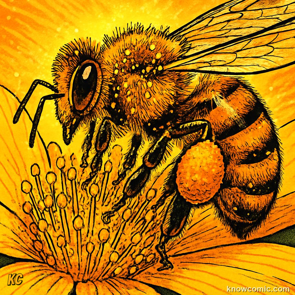 Bee with special pollen baskets on its legs carrying thousands of pollen grains from flowers