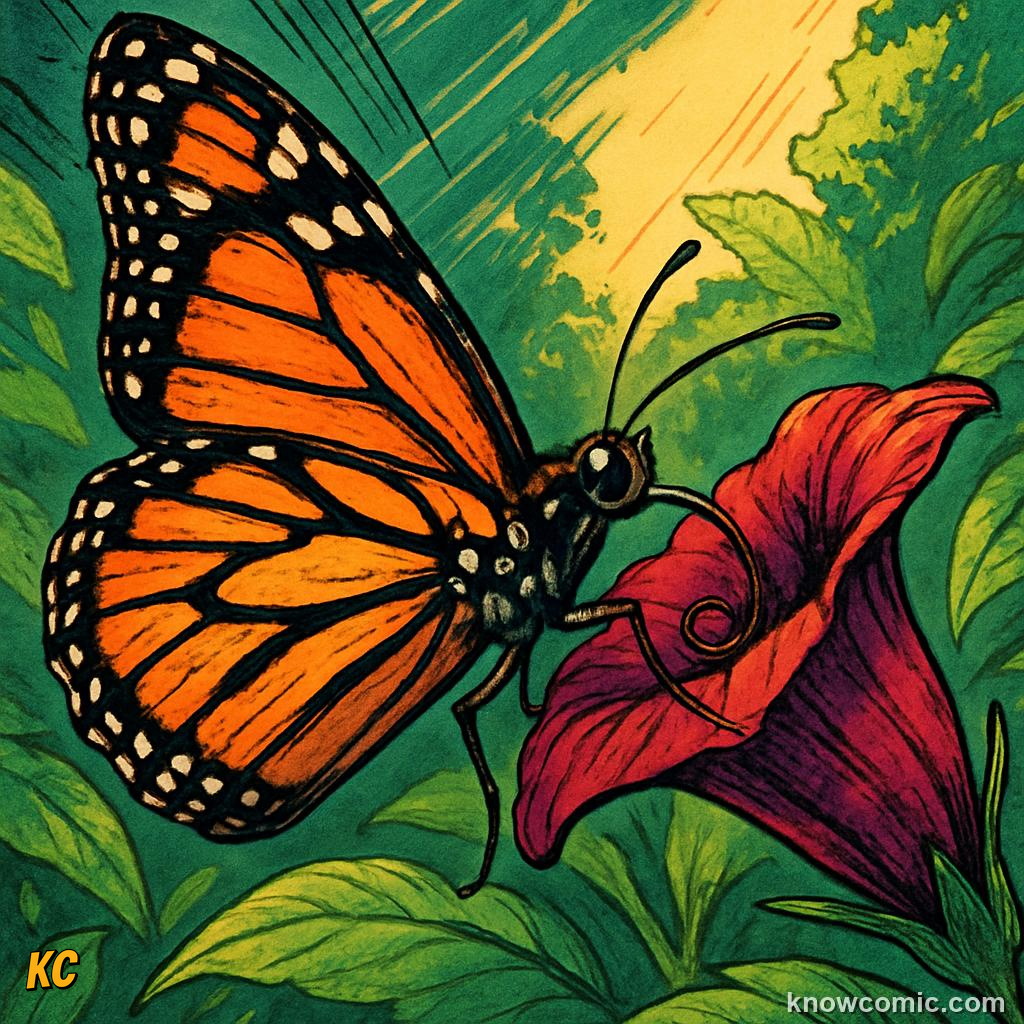 Butterfly using its long coiled proboscis to reach nectar deep inside a tubular flower