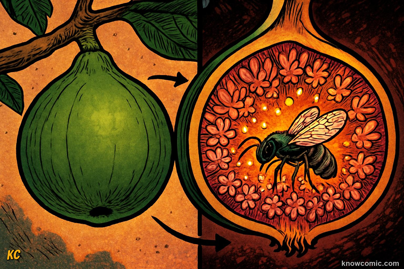 Female fig wasp squeezing inside a sealed fig losing wings to lay eggs and pollinate