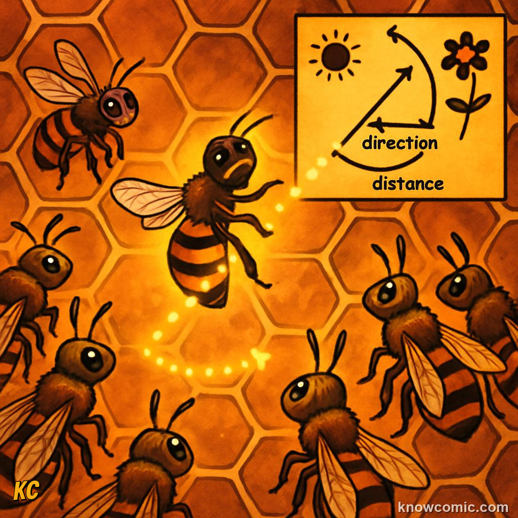 Honeybee performing waggle dance to communicate flower location direction and distance to hive mates