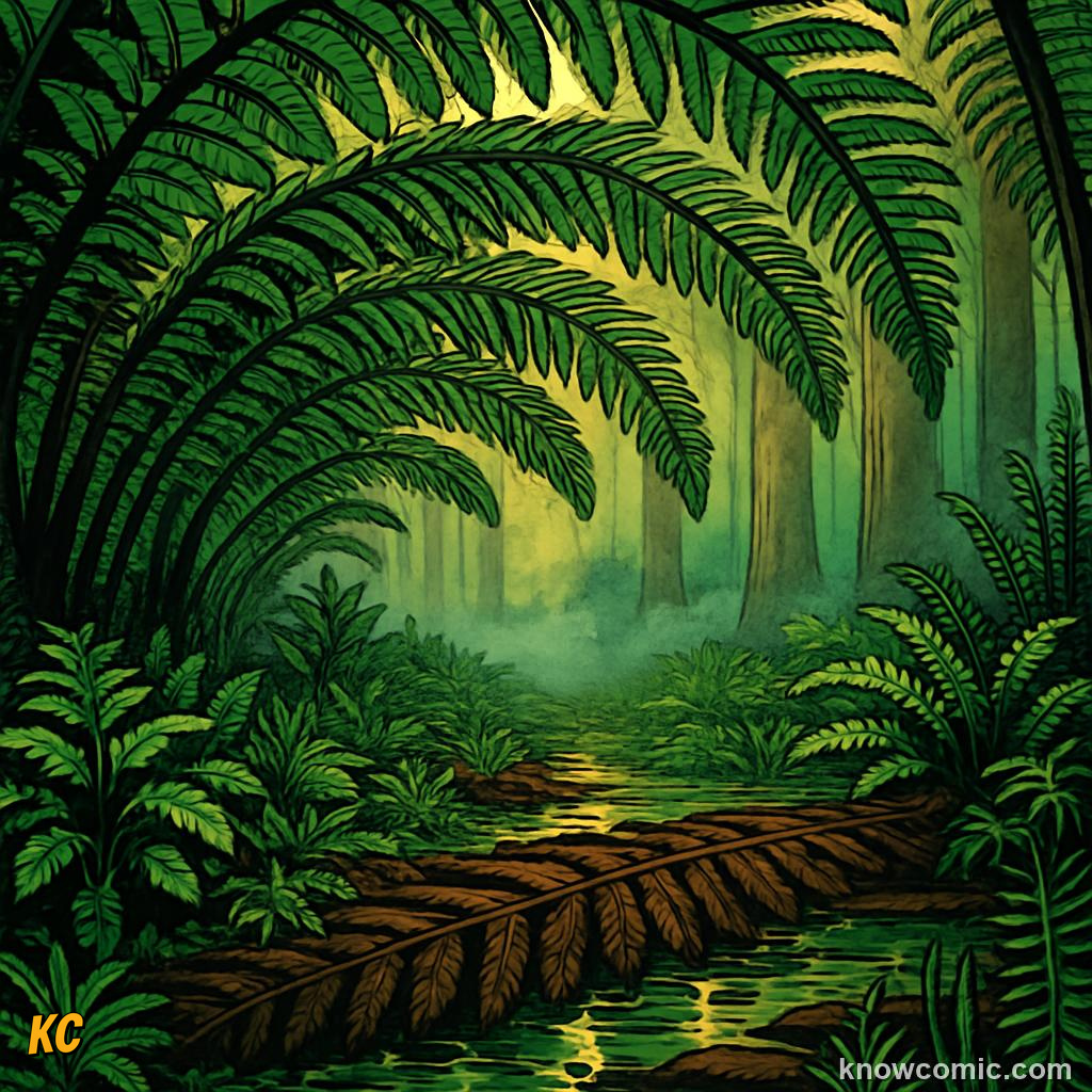 Dense carpet of ground ferns covering the dark damp floor of a Carboniferous swamp forest