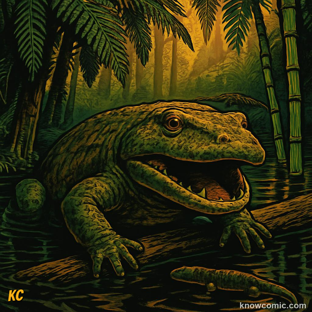 Giant prehistoric amphibians prowling swamp waters beneath hanging fern roots in murky depths