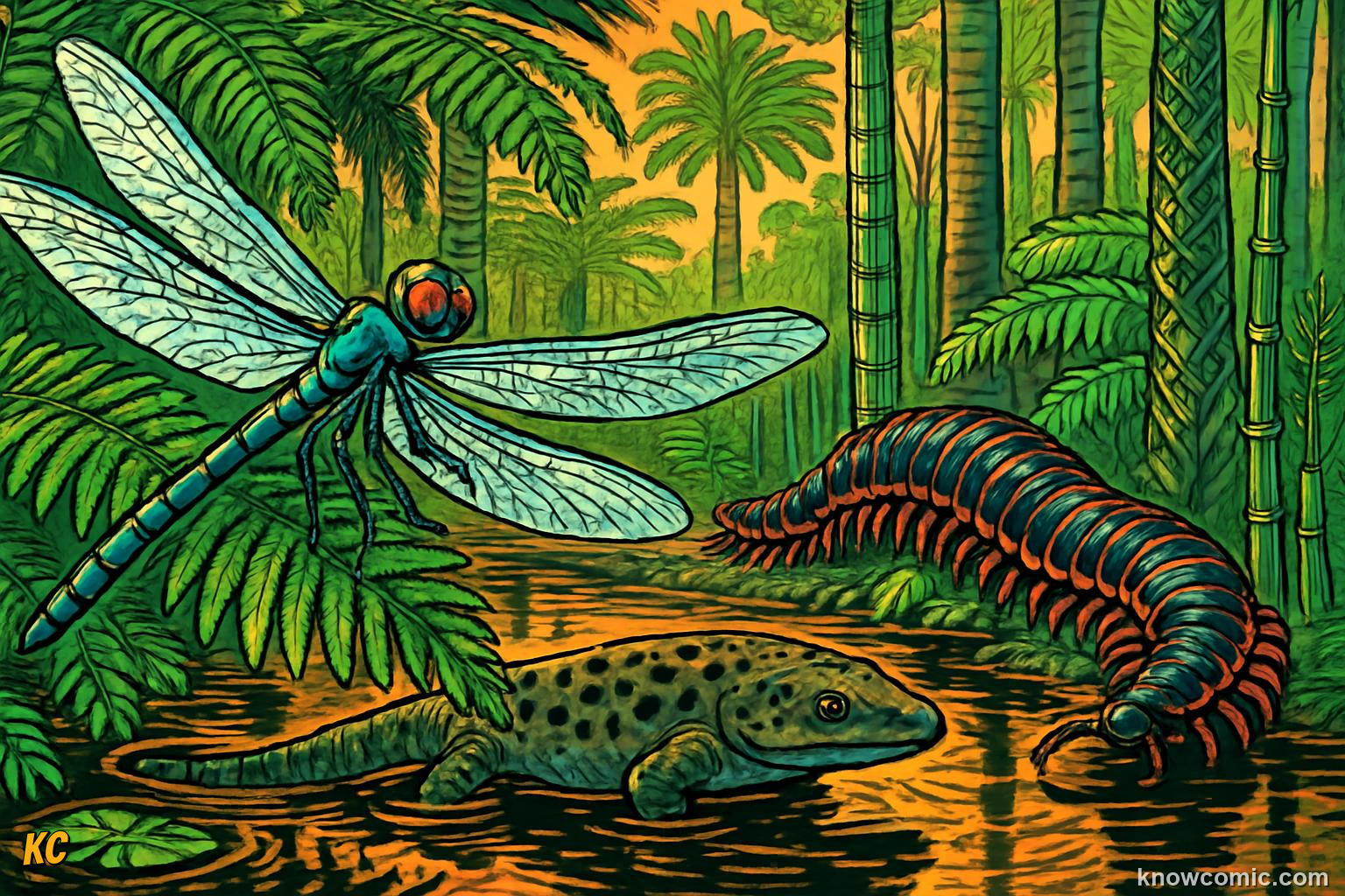 Complete Carboniferous fern forest ecosystem with tree ferns giant insects and ancient amphibians