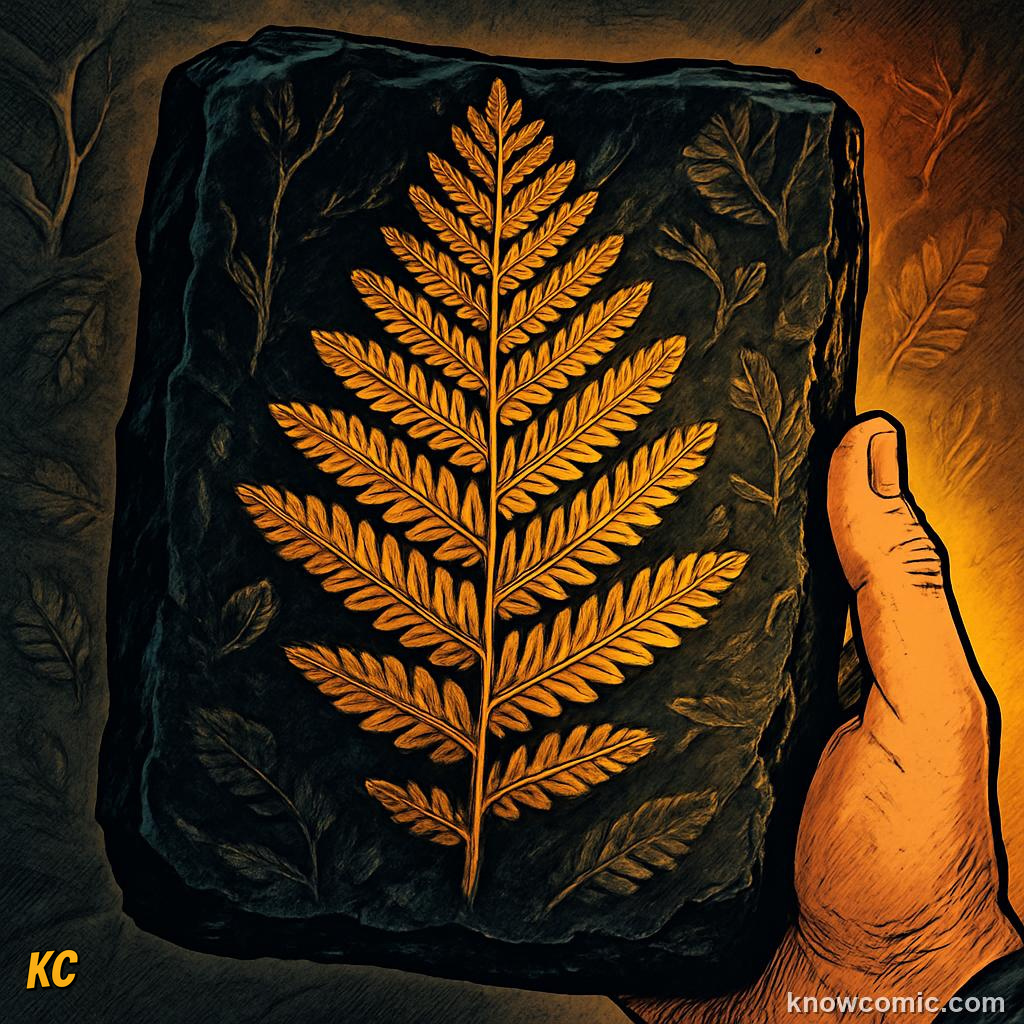 Perfect fern frond fossil impression preserved in black coal for 300 million years