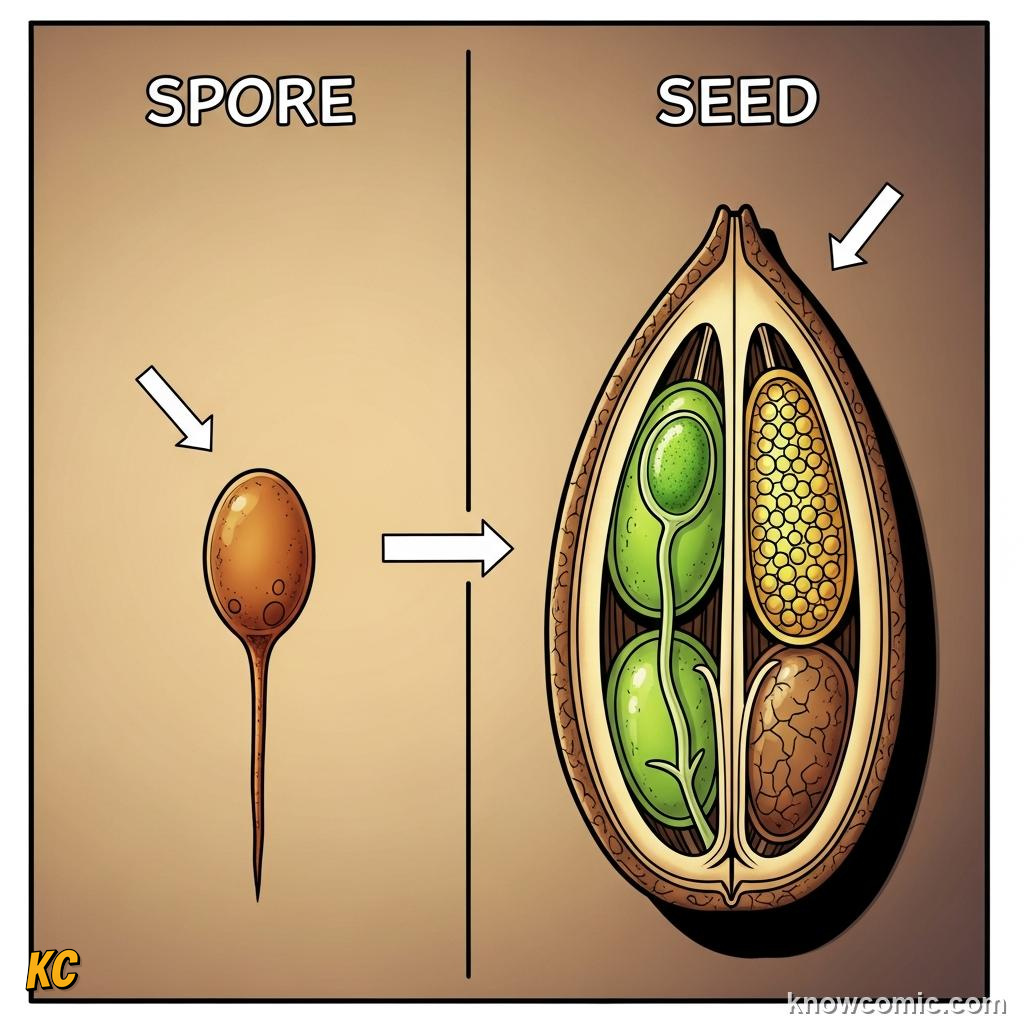 Comparison between a bare spore cell and a seed with embryo food store and protective coat