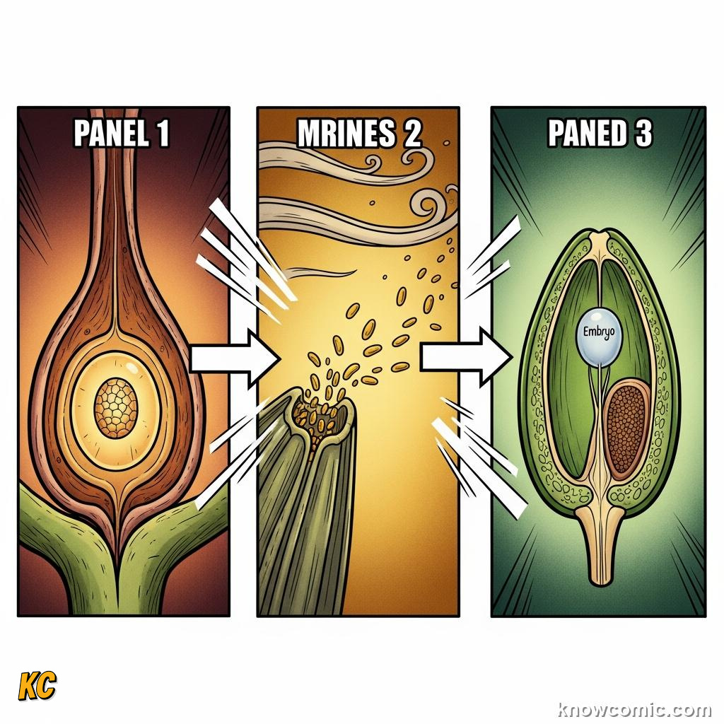 Diagram showing how seeds evolved with enclosed egg protective tissue and pollen for sperm delivery