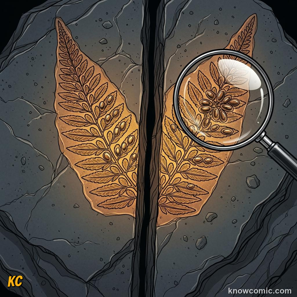 Seed fern fossil from Carboniferous coal showing frond-like leaves with seeds on the edges