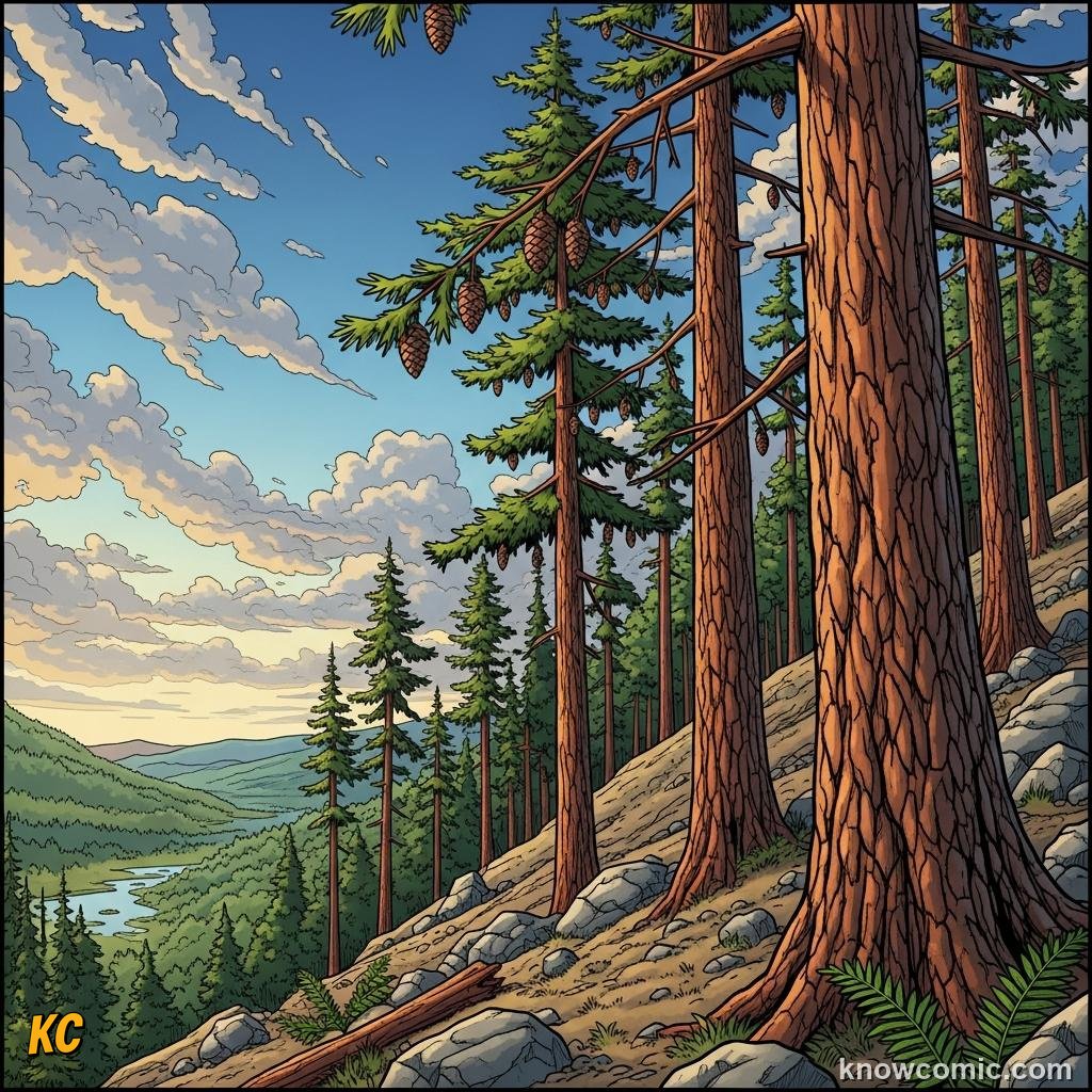 Conifer forest marching up dry rocky hillsides where no spore plants could survive