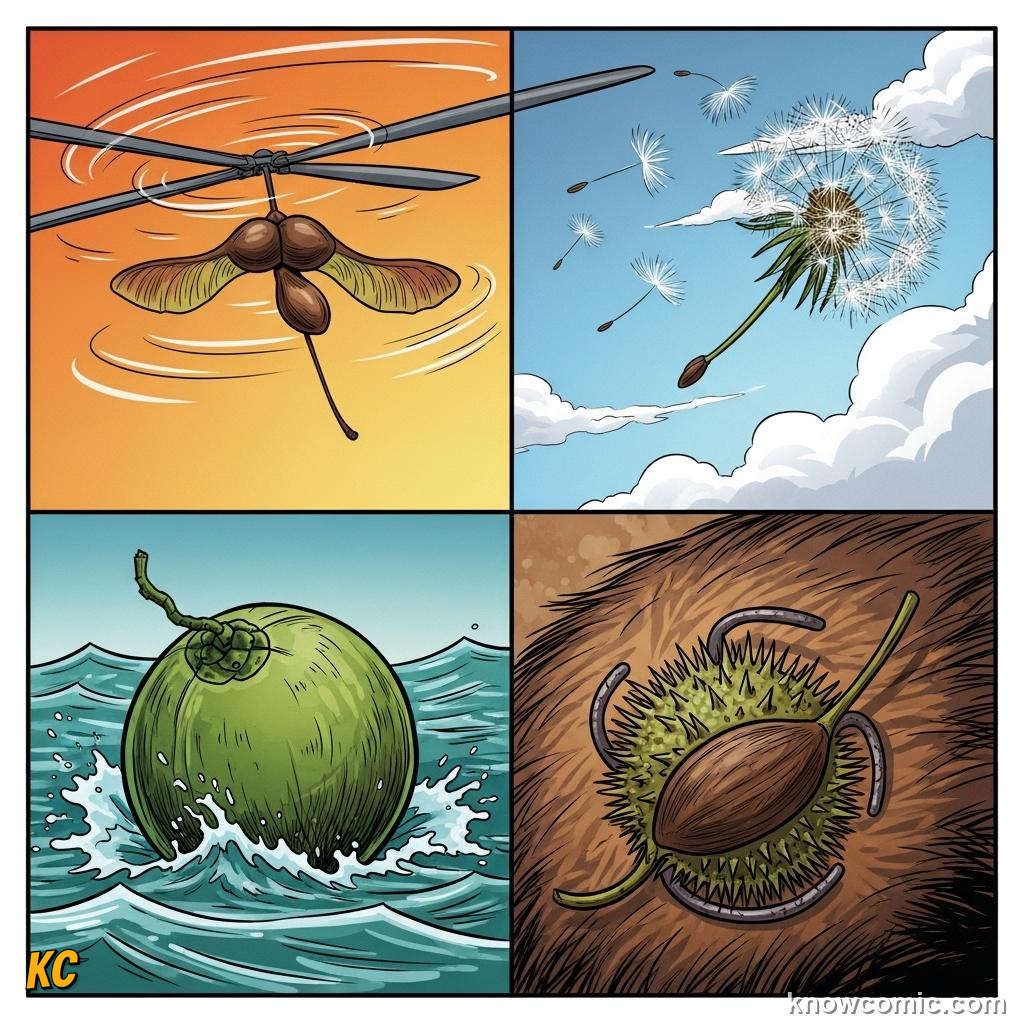 Maple helicopter seeds and dandelion parachutes drifting on wind and coconuts floating across ocean