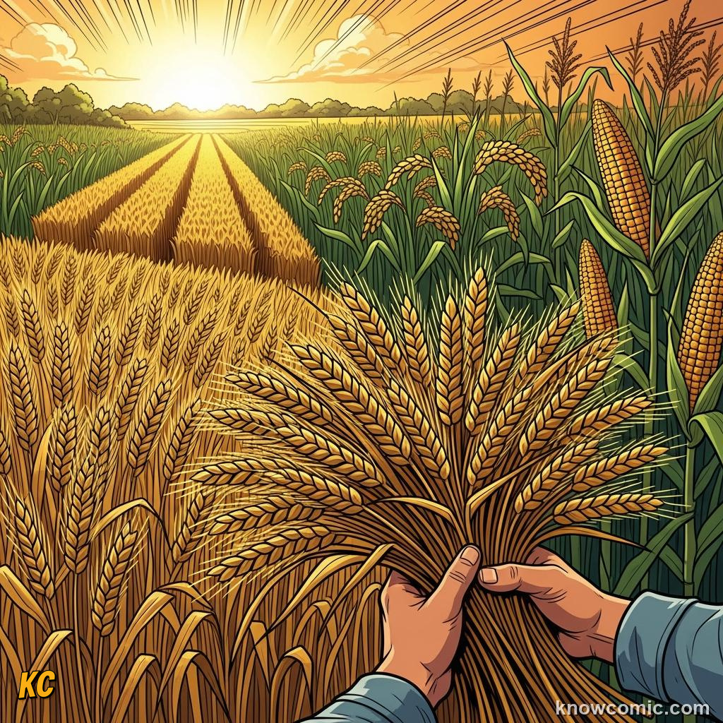 Harvesting wheat rice and maize crops together providing over half of all human calories
