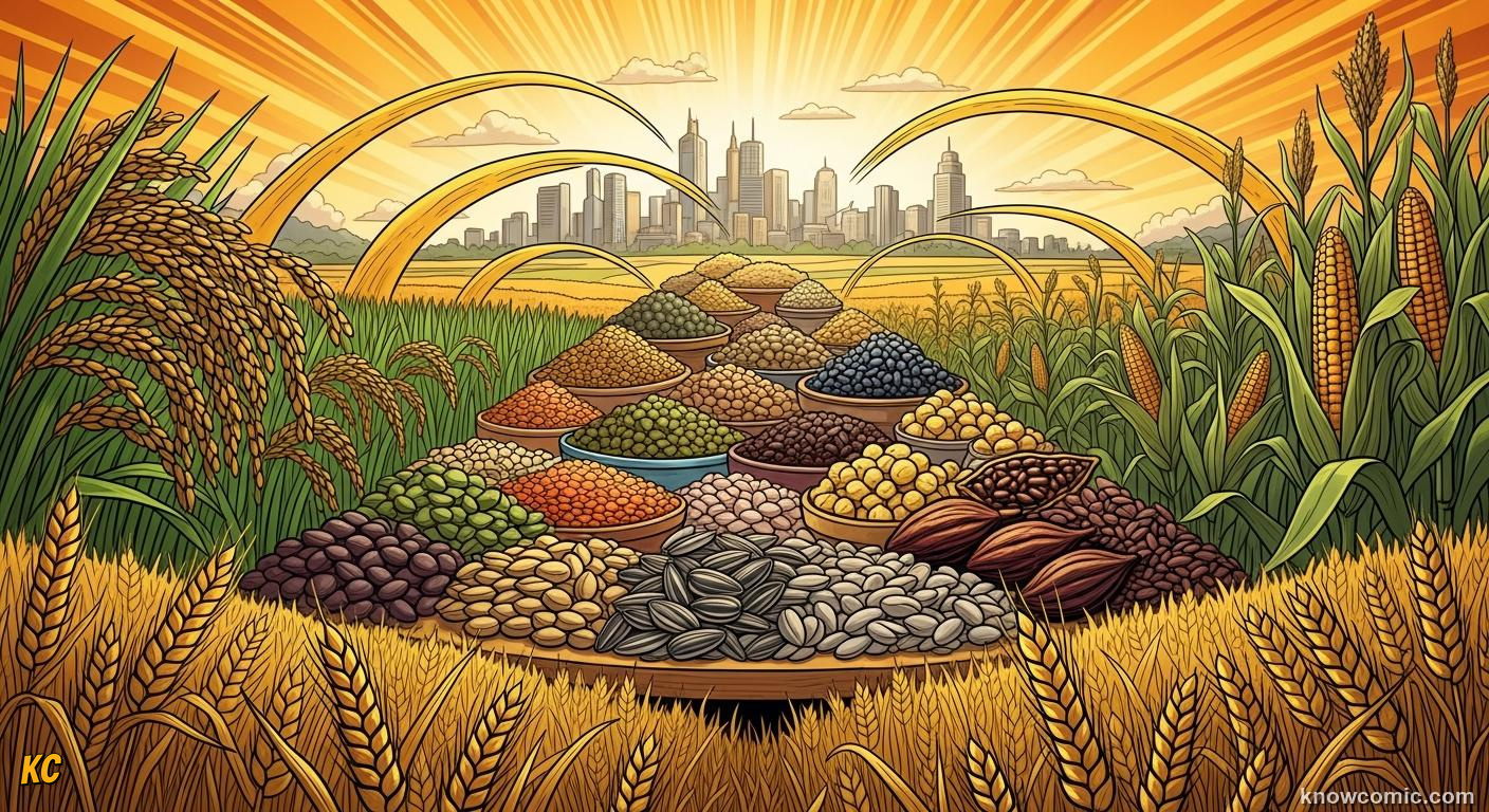 Wheat rice and maize crops stretching across fields providing 70 percent of human calories