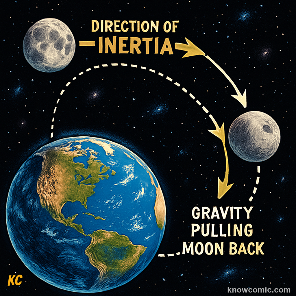 The Moon orbiting Earth — gravity provides the inward force while inertia keeps the Moon moving sideways, together curving its path into a stable orbit (Newton's laws)