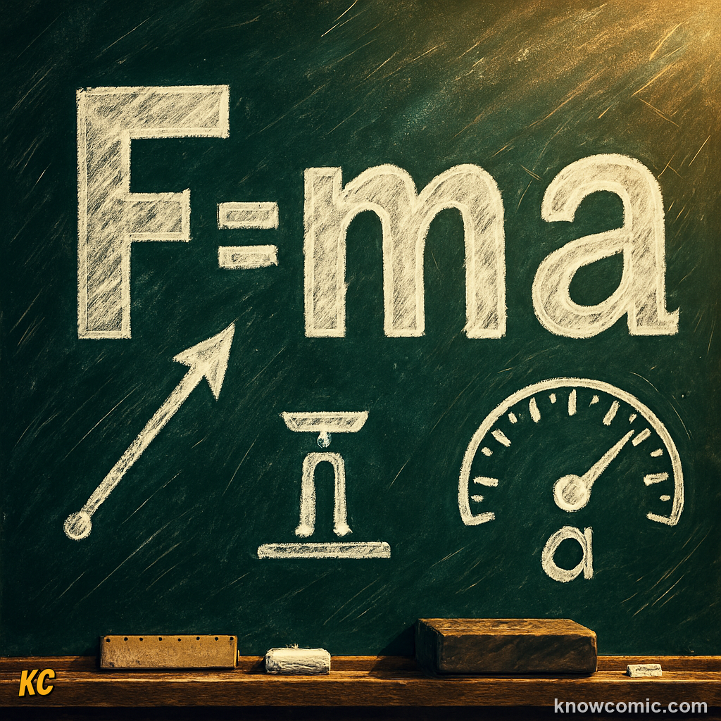 The F=ma formula diagram showing Force in newtons equals mass in kilograms times acceleration in metres per second squared