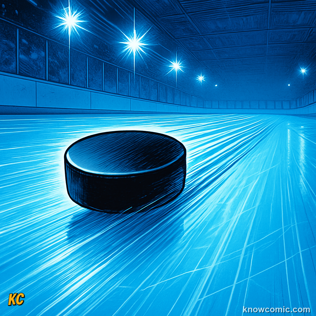 Hockey puck sliding on smooth ice with almost no friction, demonstrating Newton's First Law of inertia — it keeps moving in a straight line