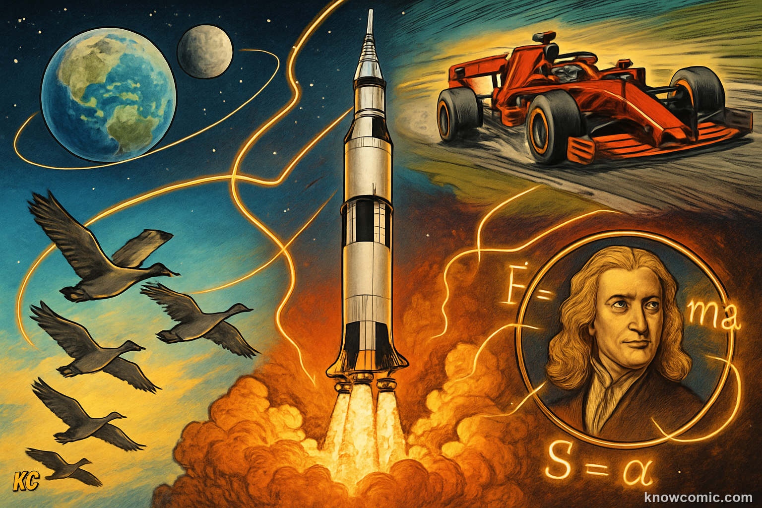 Newton's laws of motion legacy from 1687 to today — still used by engineers to design bridges, cars, planes, rockets, and satellites